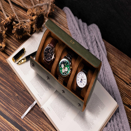 Personalized Leather Watch Box, Wedding groomsmen gift, Wedding Match Favors, Travel gift, Vegan Leather Watch Case,Watch Roll for 3 Watches