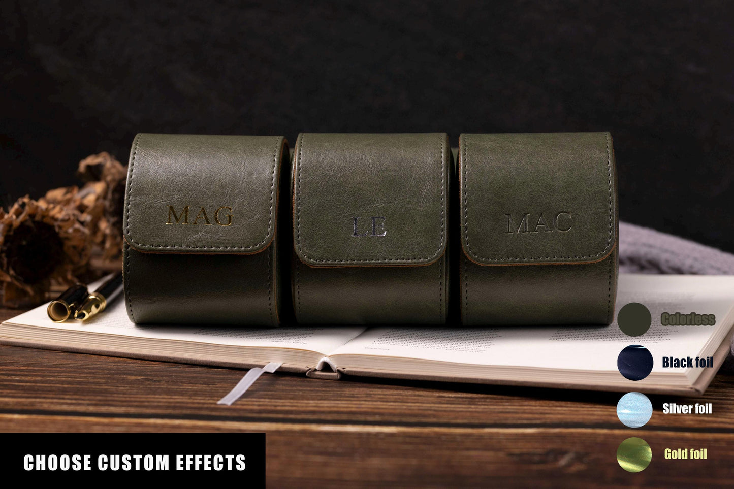 Personalized Leather Watch Box, Vegan Leather Watch Case, Watch Roll for 3 Watches, Wedding groomsmen gifts, Watch travel case, Thanksgiving